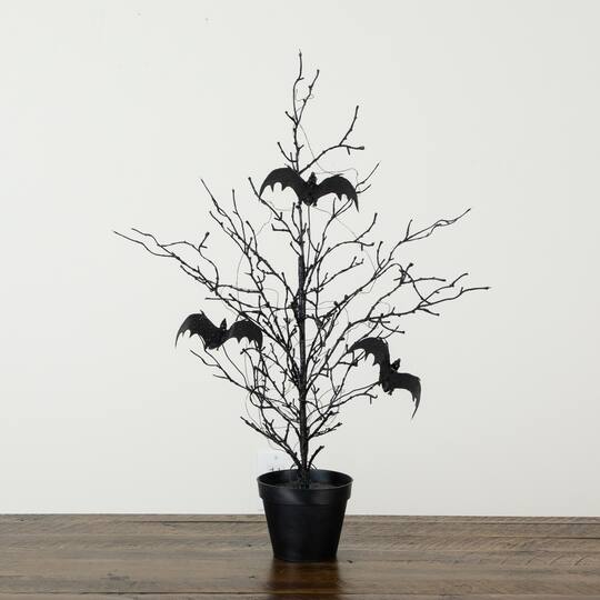 2ft. Pre-Lit Artificial Black Spooky Twig Tree with Bats and 40 Orange & Purple LED Lights